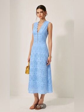 Commense Cotton Sleeveless Embroidered Eyelet dress with Deep V Neck